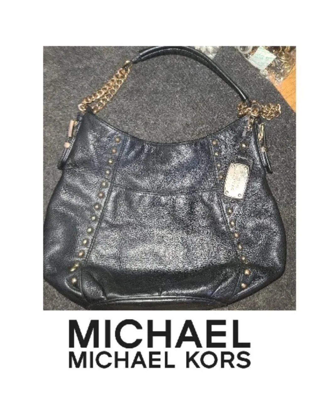 $358 Michael Kors Black Pebbled Leather Studded Medium Hobo Shoulder Bag Purse